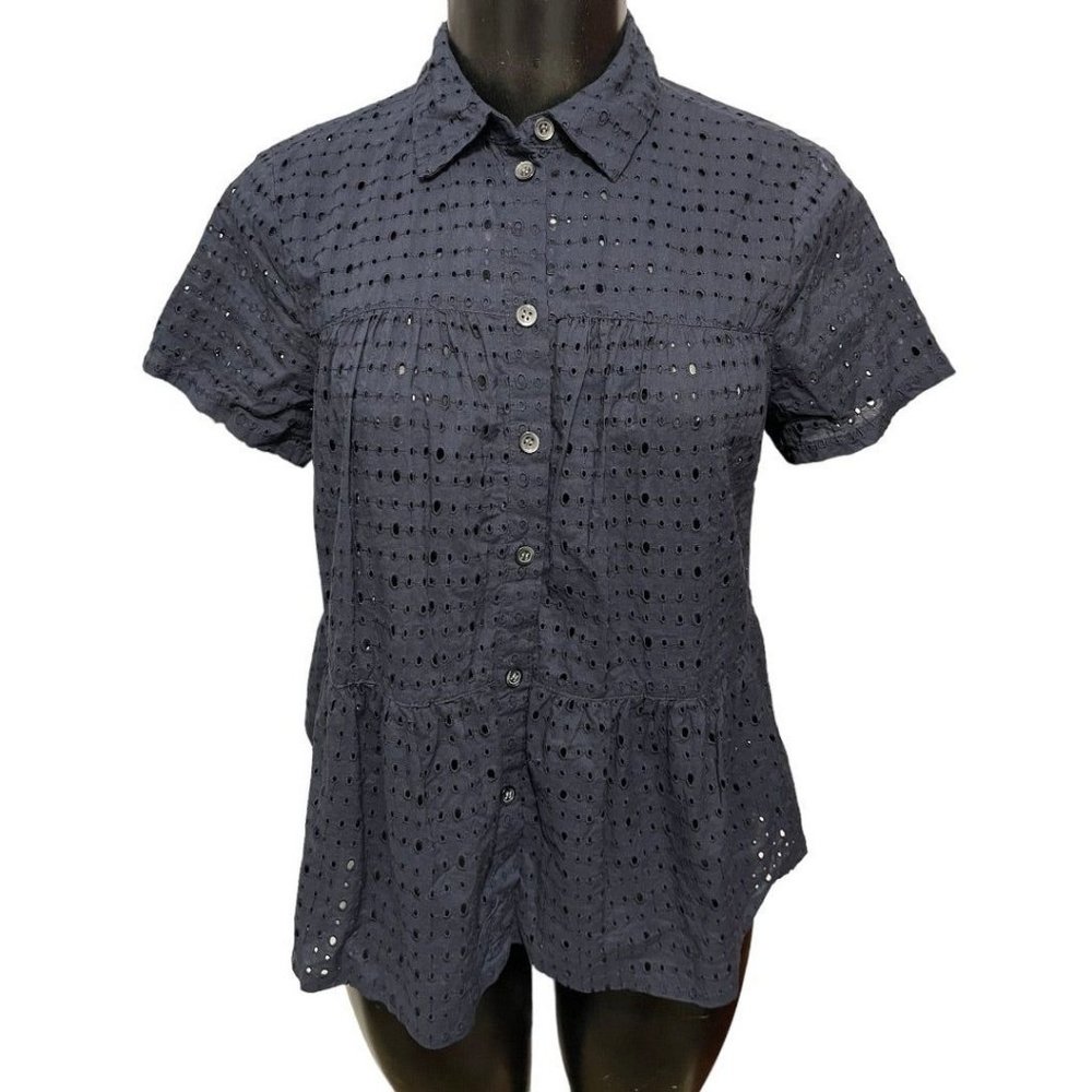 XS Madewell Women's‎ Eyelet Short Sleeve Top Navy Blue Blouse